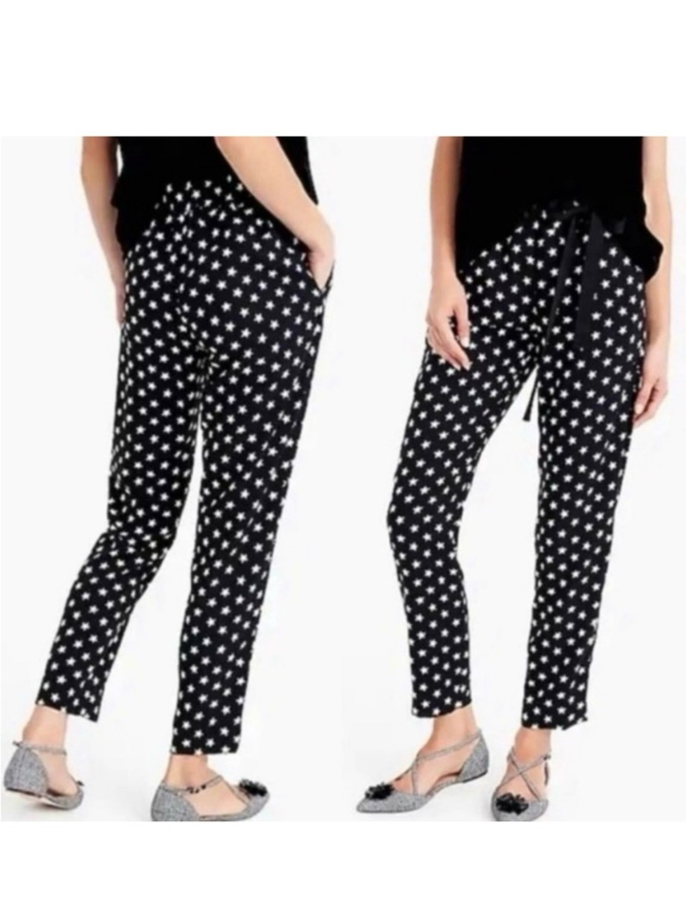 J Crew Black Casual Drawstring Waist Pants White Star Print